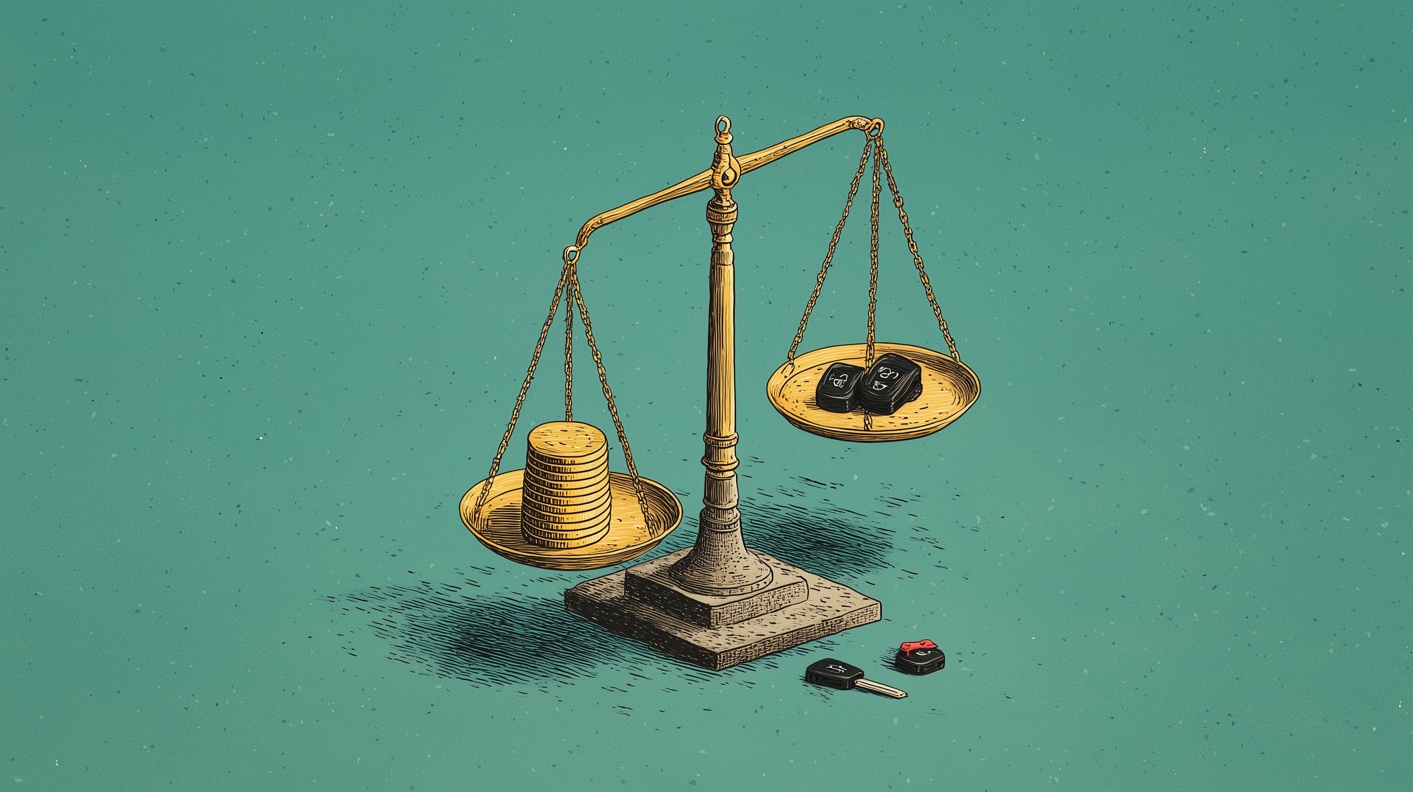 Illustration einer Waage mit Autoschlüsseln und Münzen
